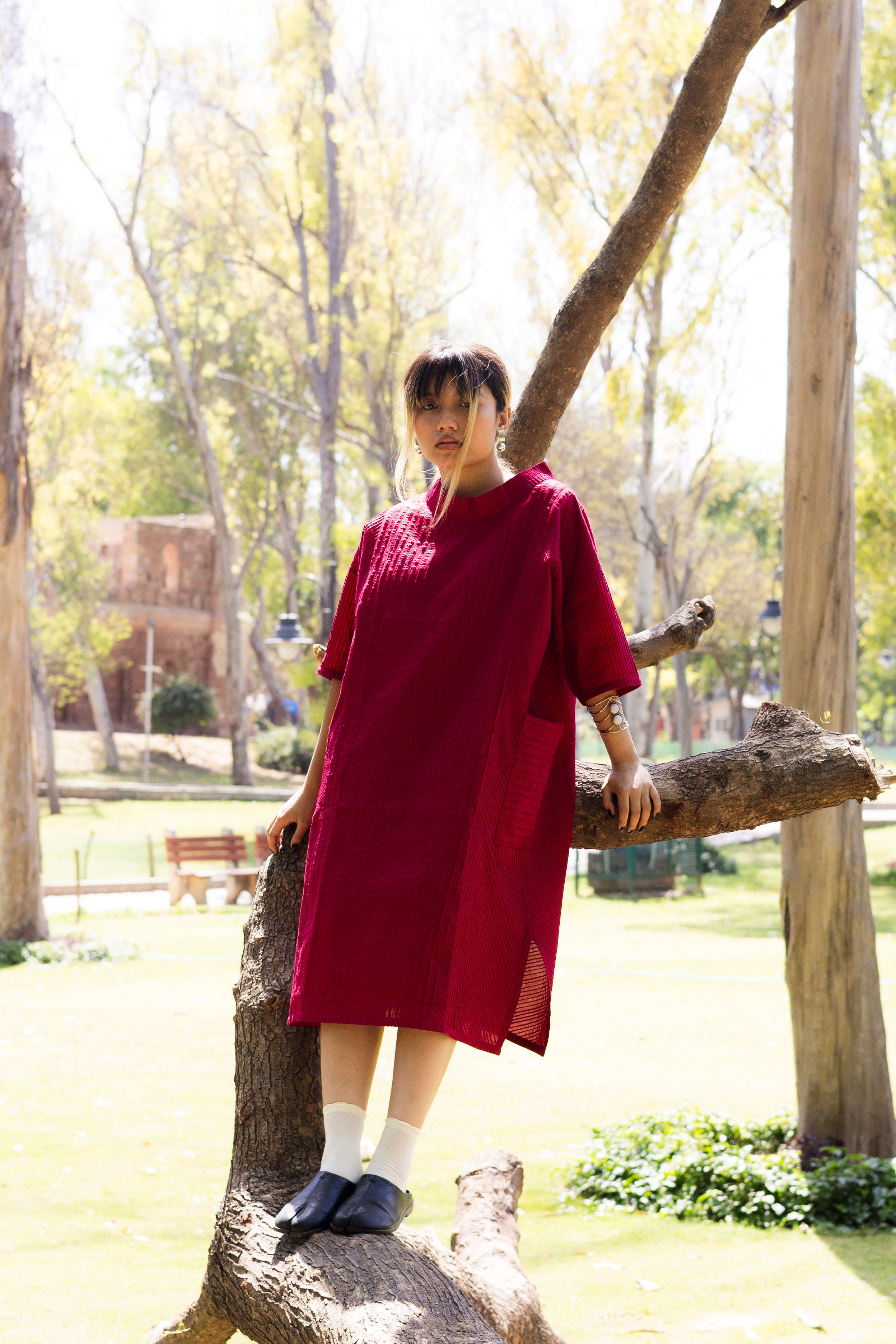 Pin Tuck Red Shirt Dress