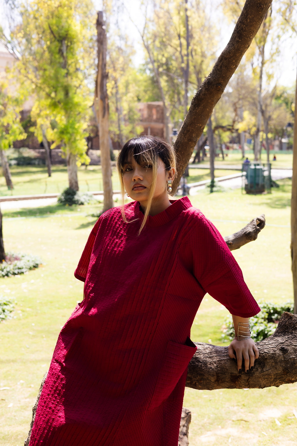 Pin Tuck Red Shirt Dress