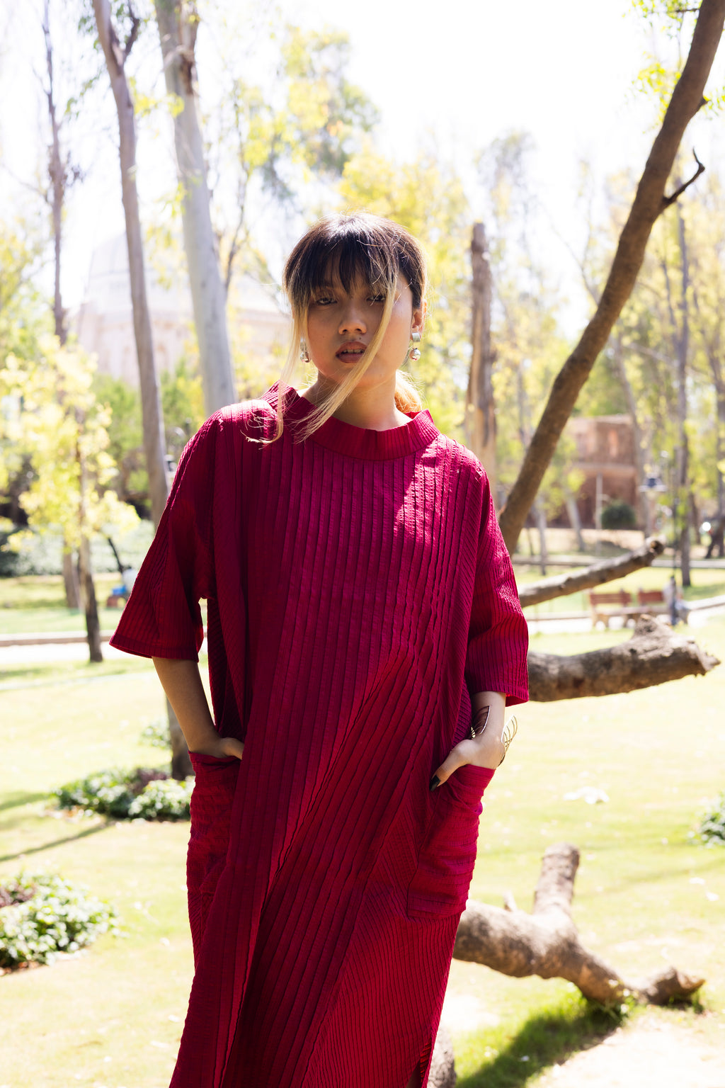 Pin Tuck Red Shirt Dress