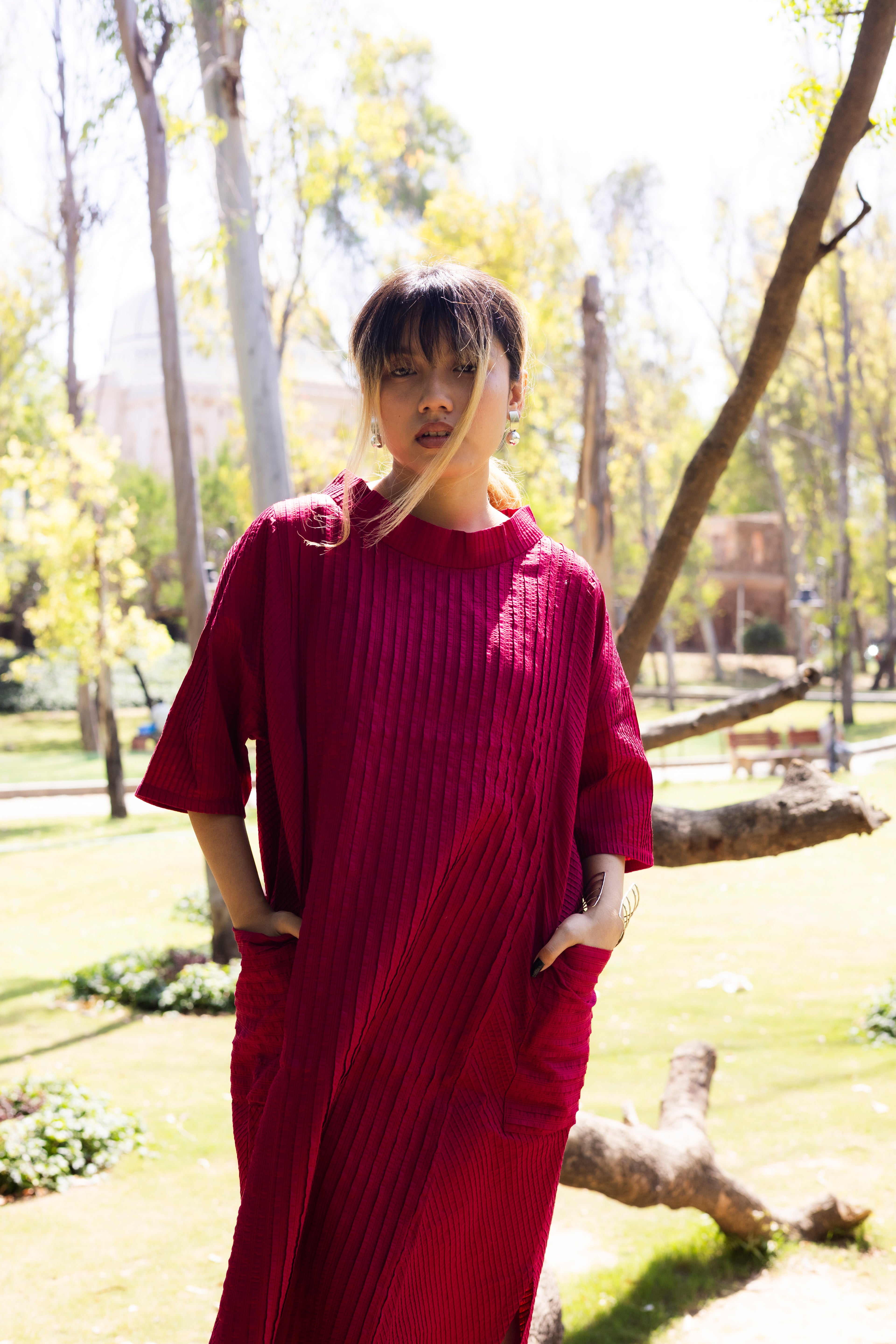 Pin Tuck Red Shirt Dress