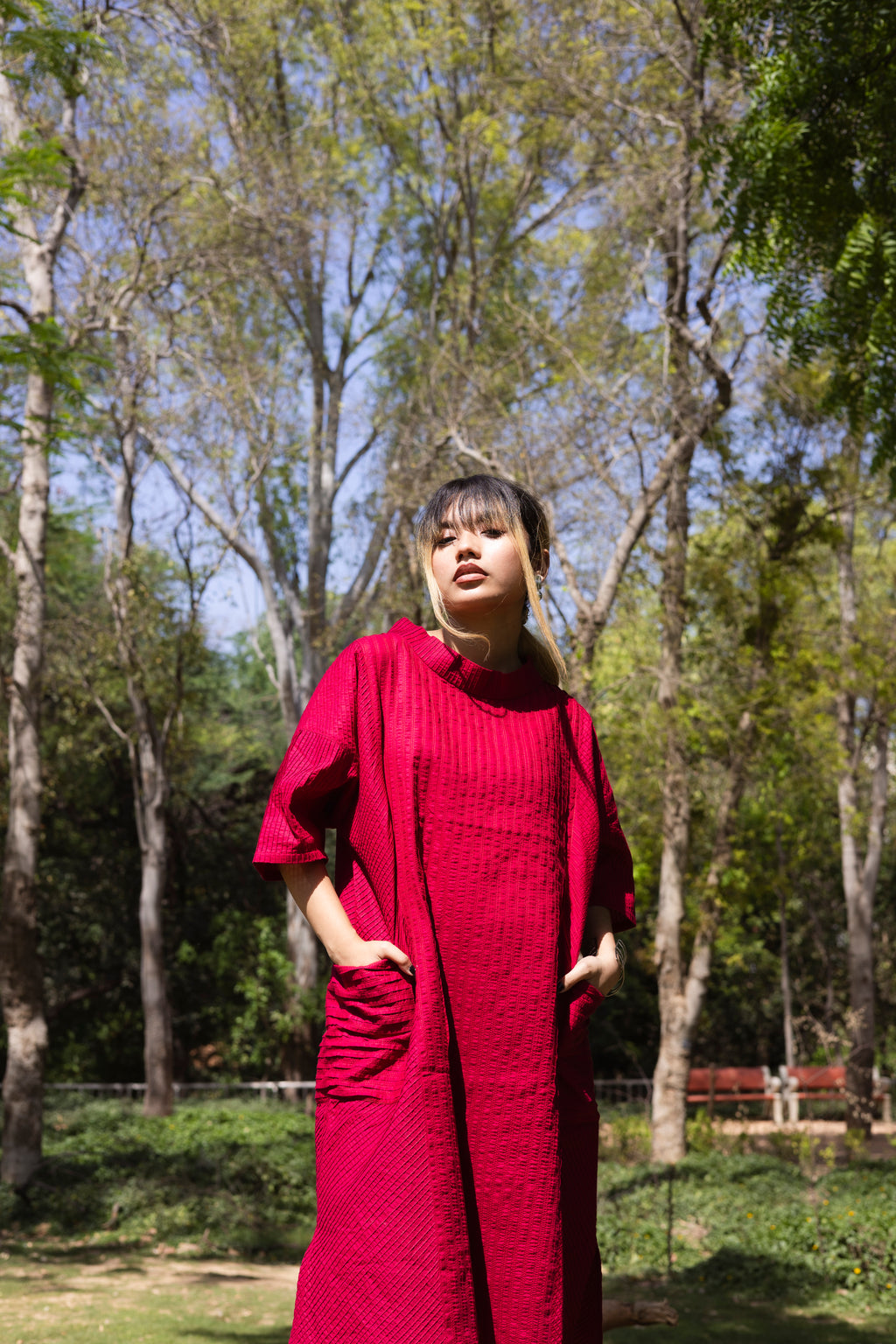 Pin Tuck Red Shirt Dress