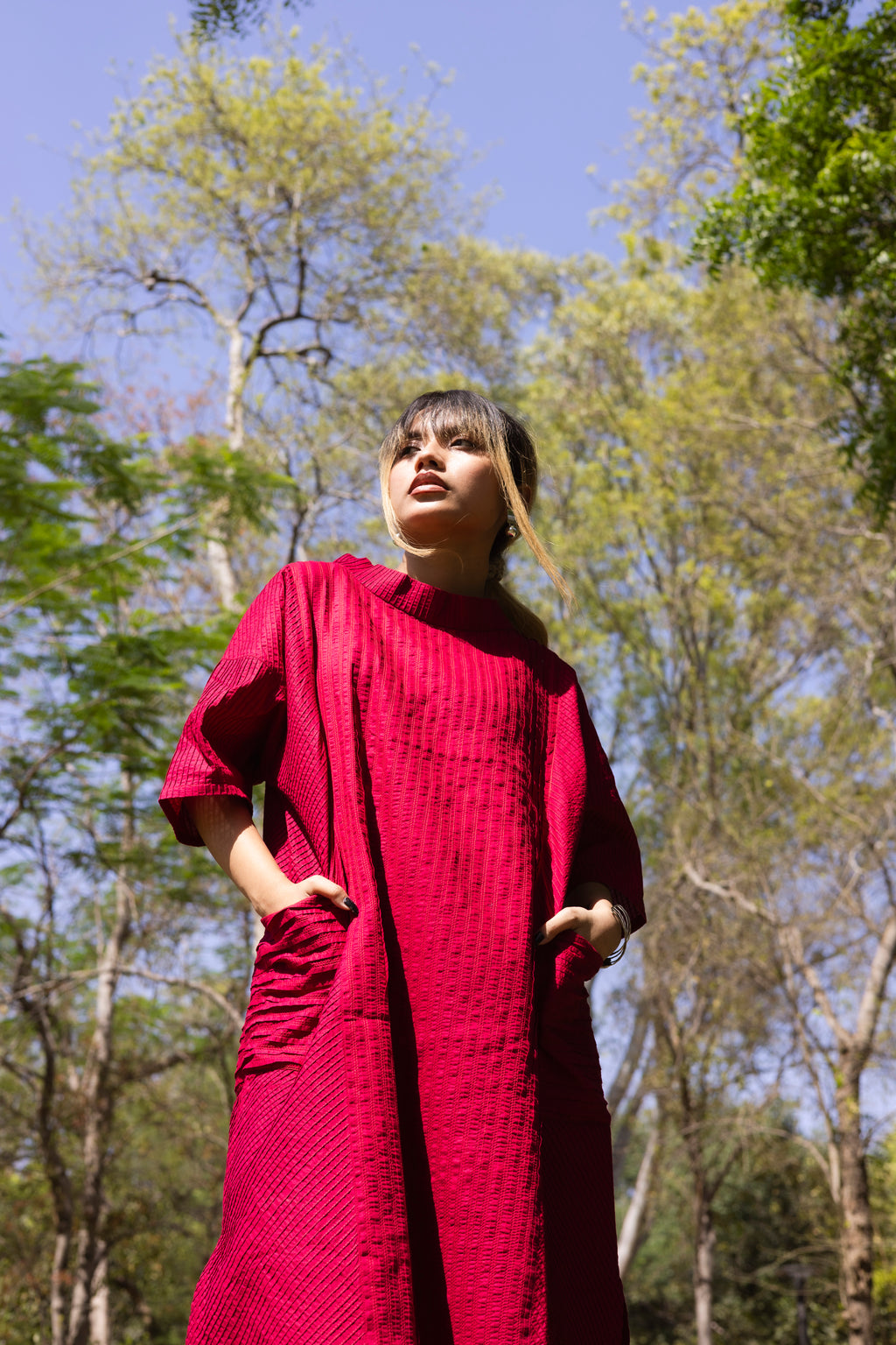 Pin Tuck Red Shirt Dress