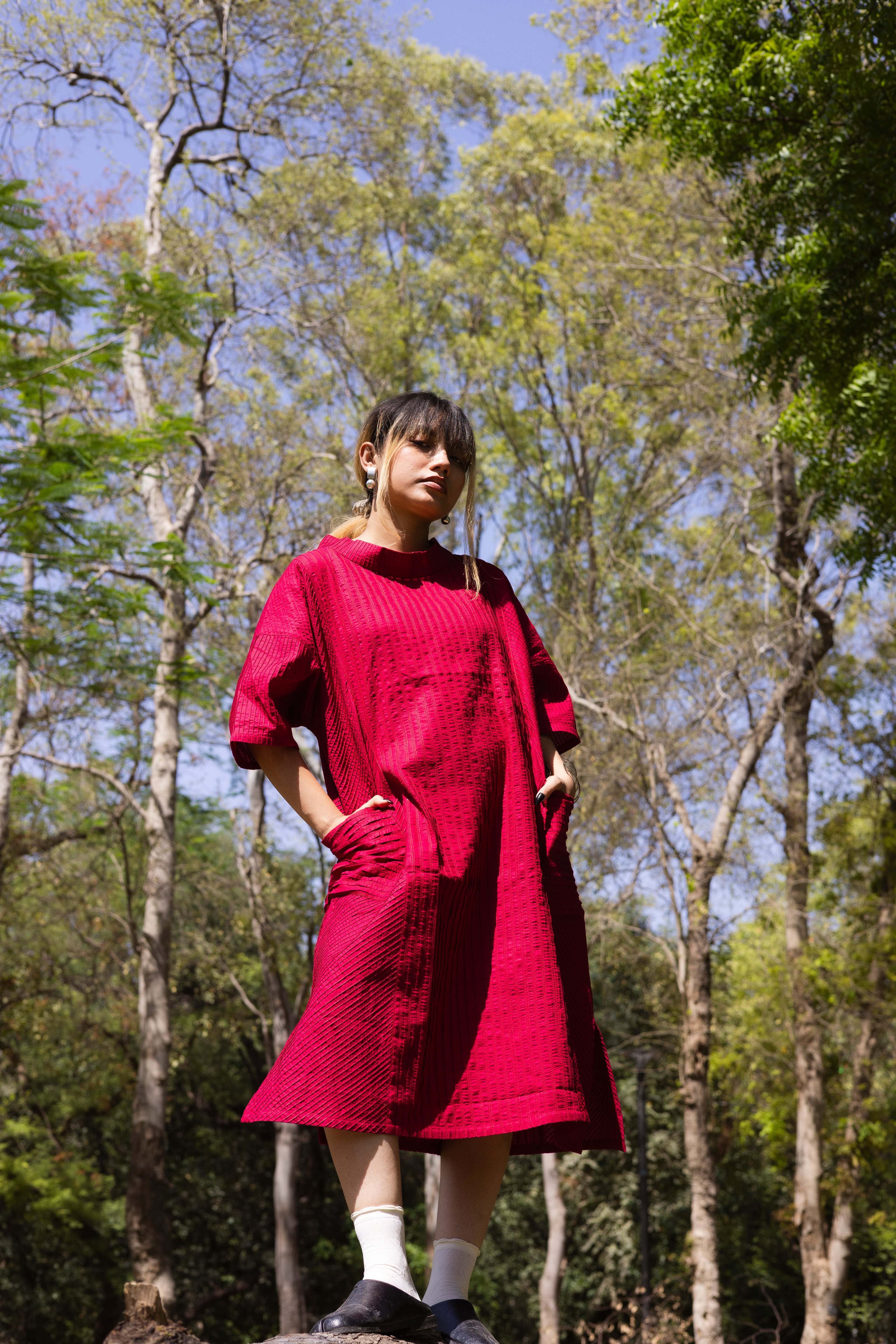Pin Tuck Red Shirt Dress