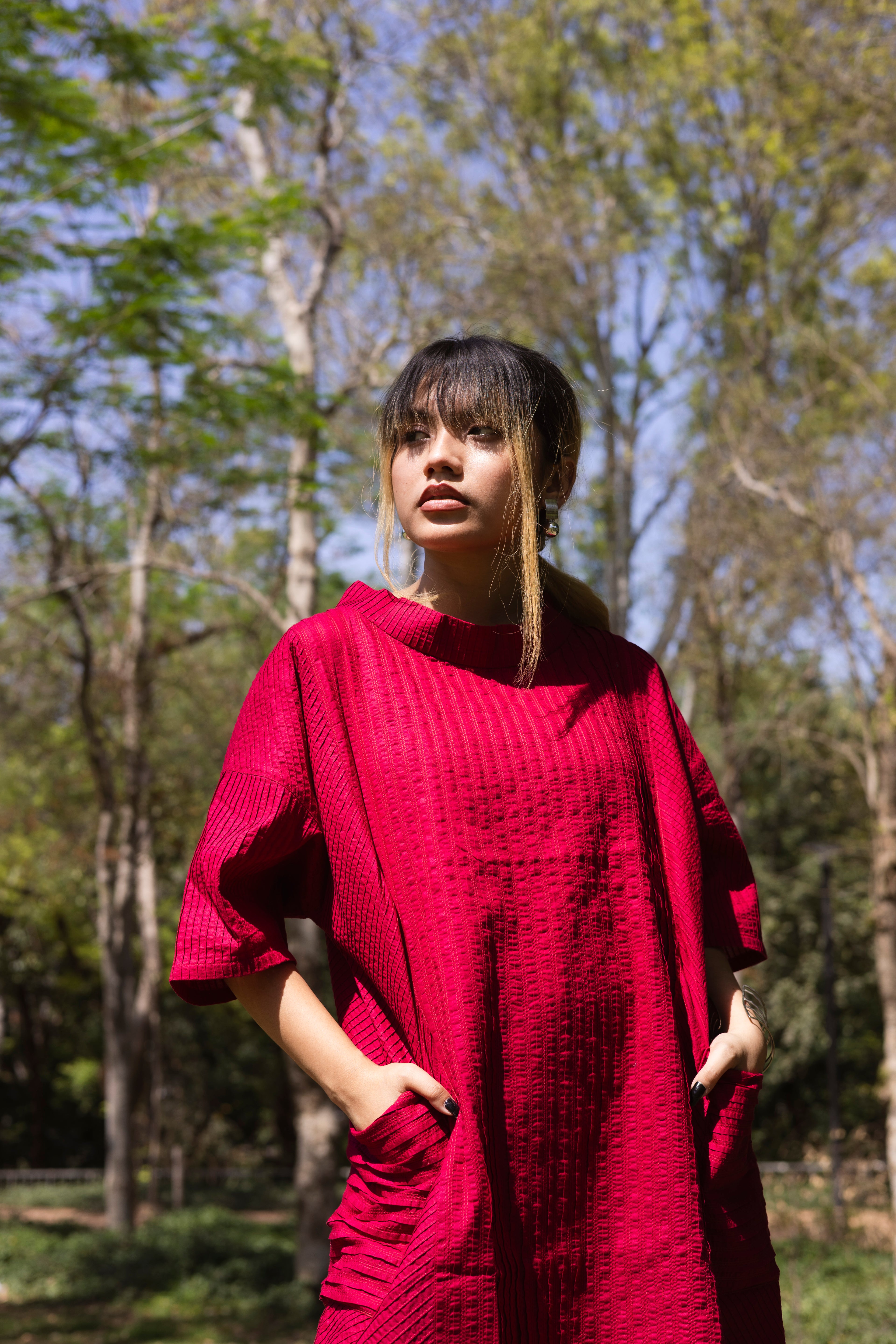 Pin Tuck Red Shirt Dress