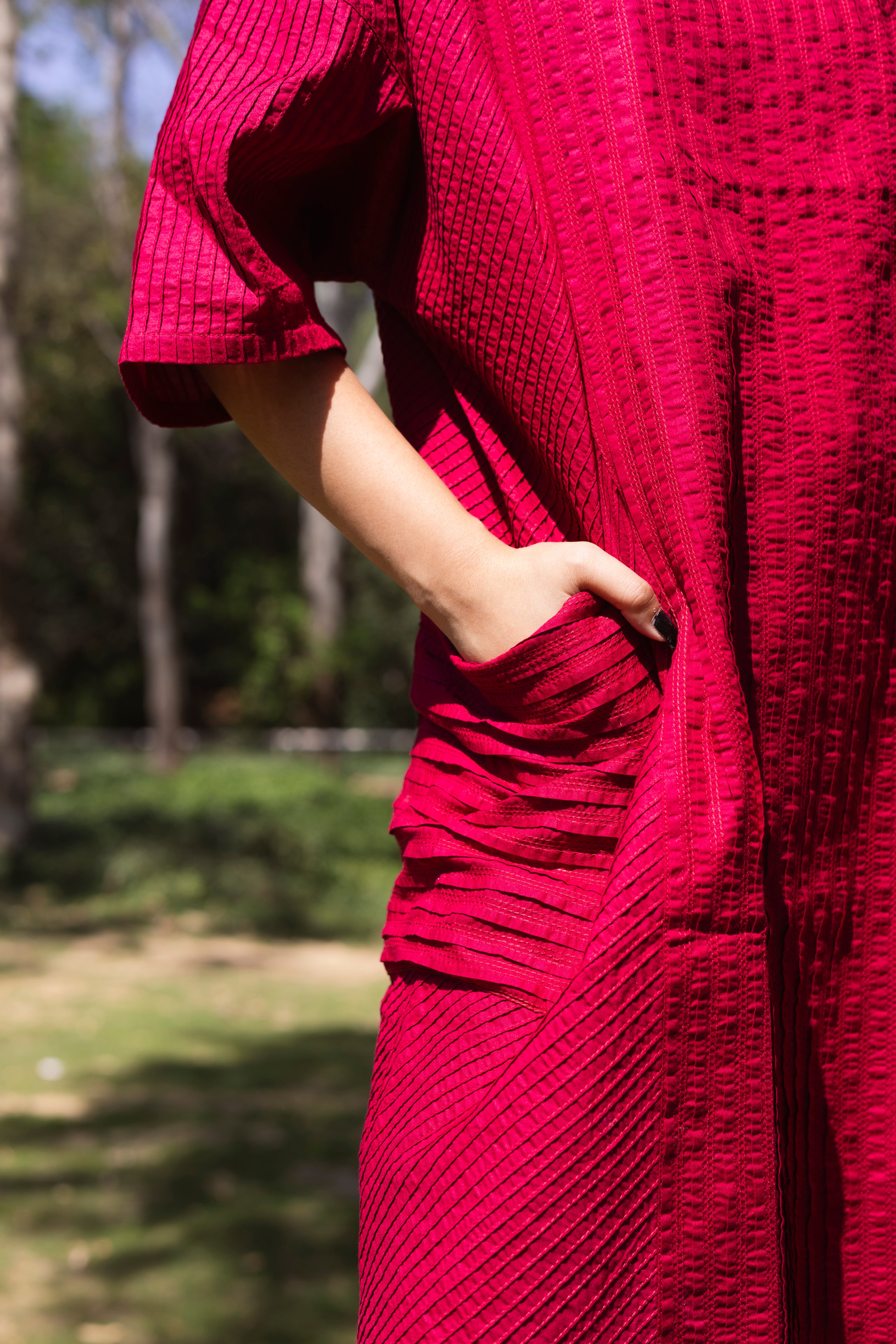 Pin Tuck Red Shirt Dress