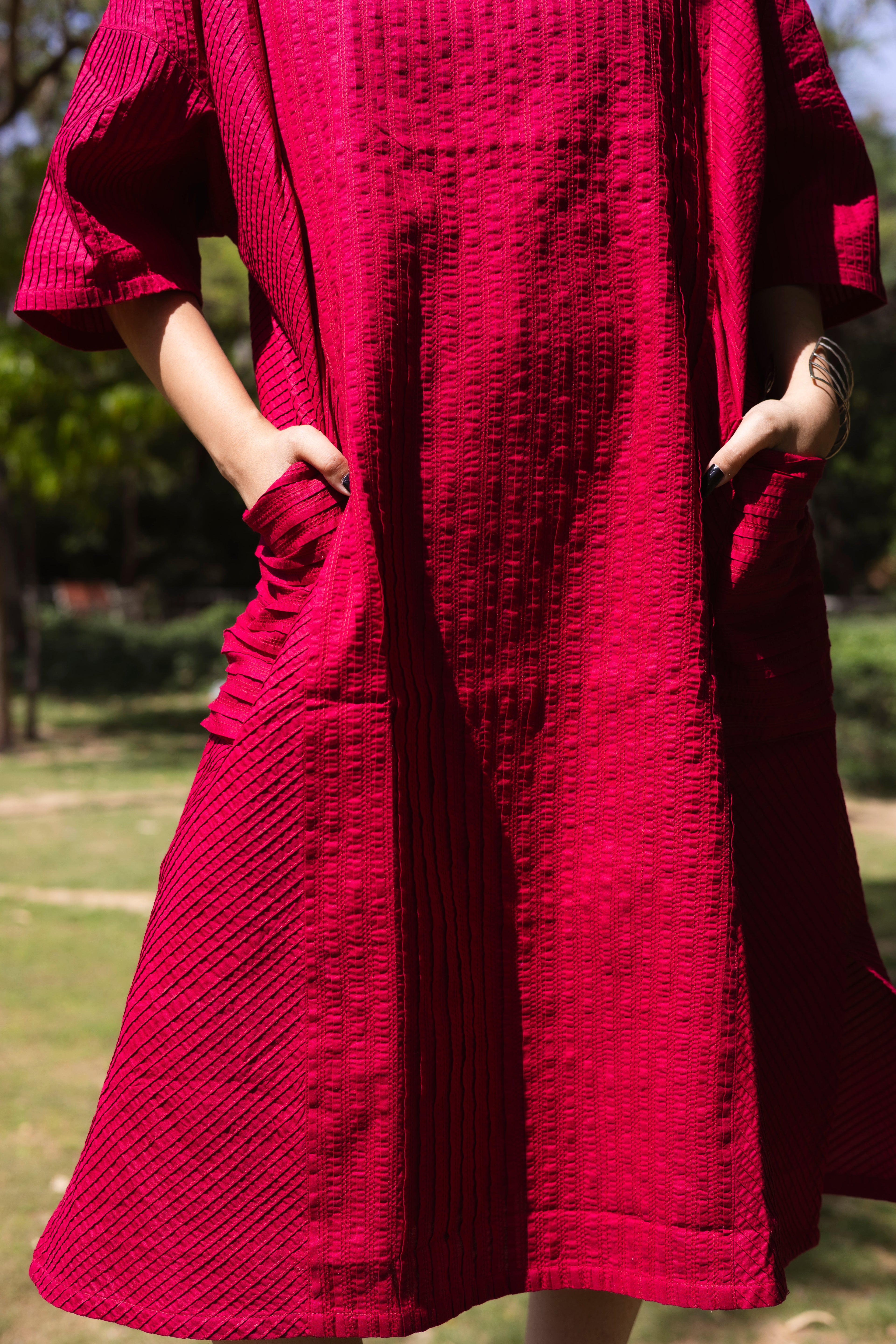 Pin Tuck Red Shirt Dress
