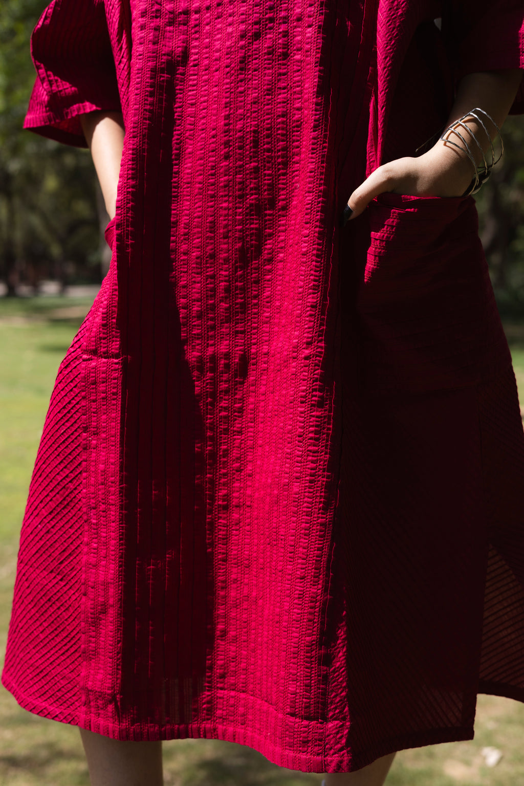 Pin Tuck Red Shirt Dress