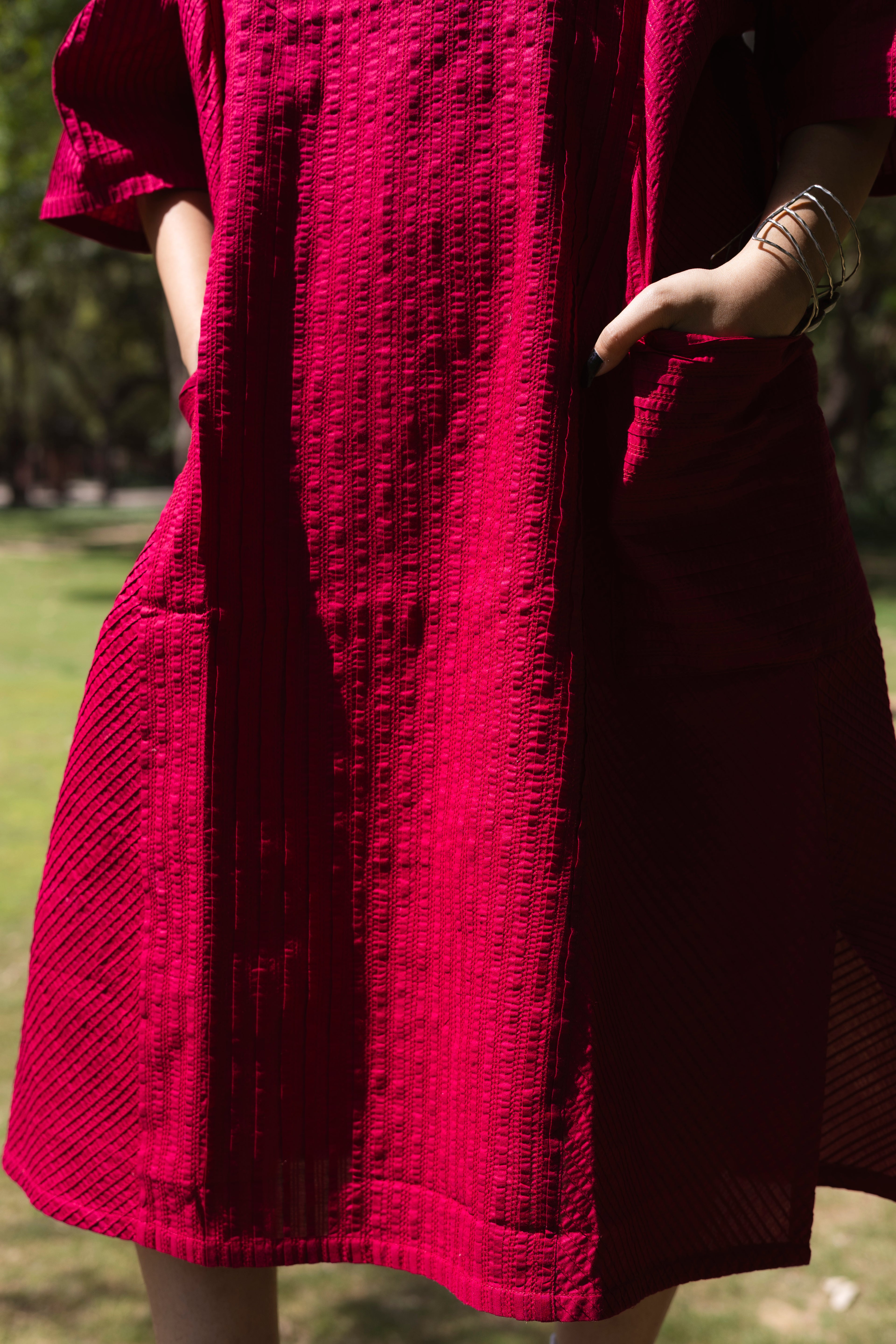 Pin Tuck Red Shirt Dress