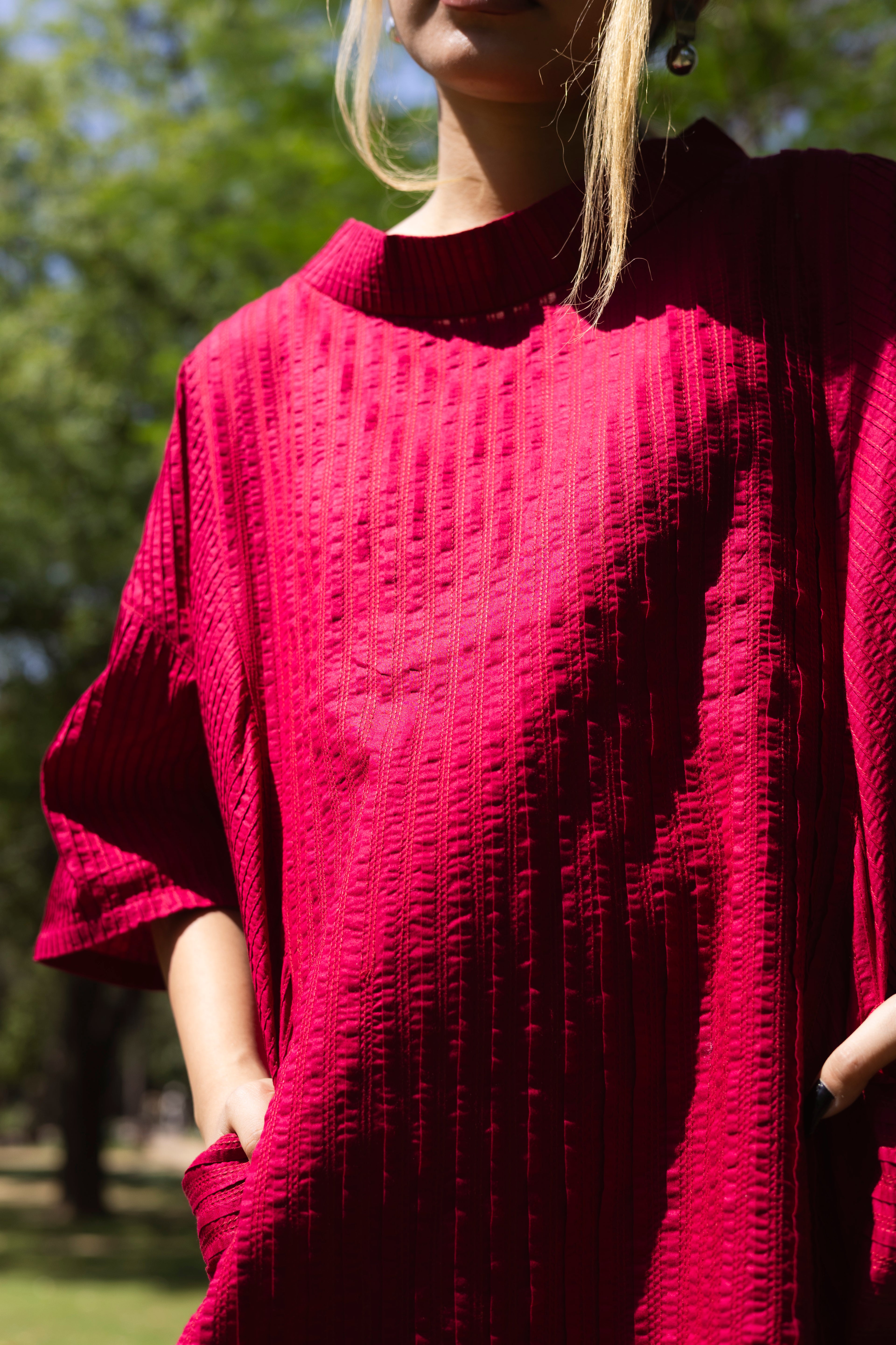 Pin Tuck Red Shirt Dress