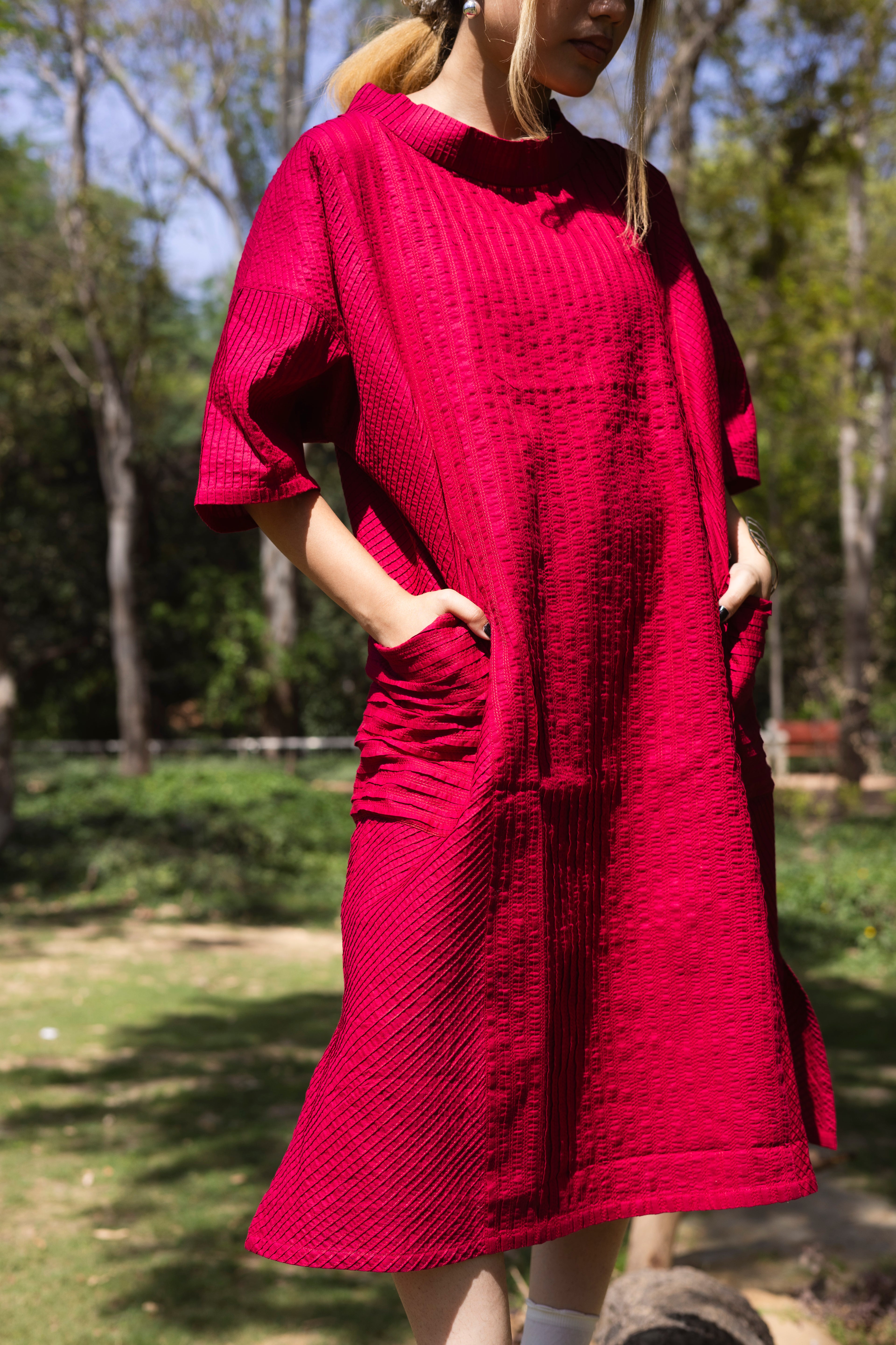 Pin Tuck Red Shirt Dress